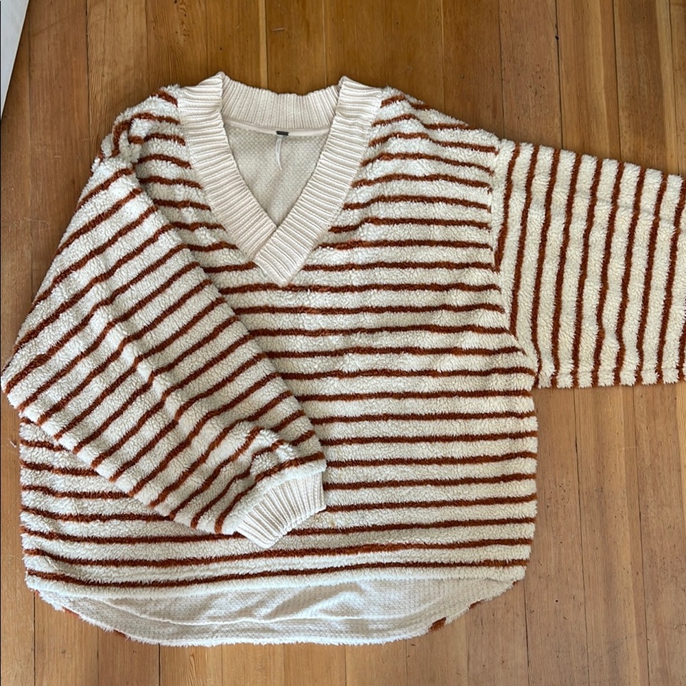 Free People Striped V-Neck Oversized Teddy Sweater - Burnt Orange and Cream - Picture 1 of 3